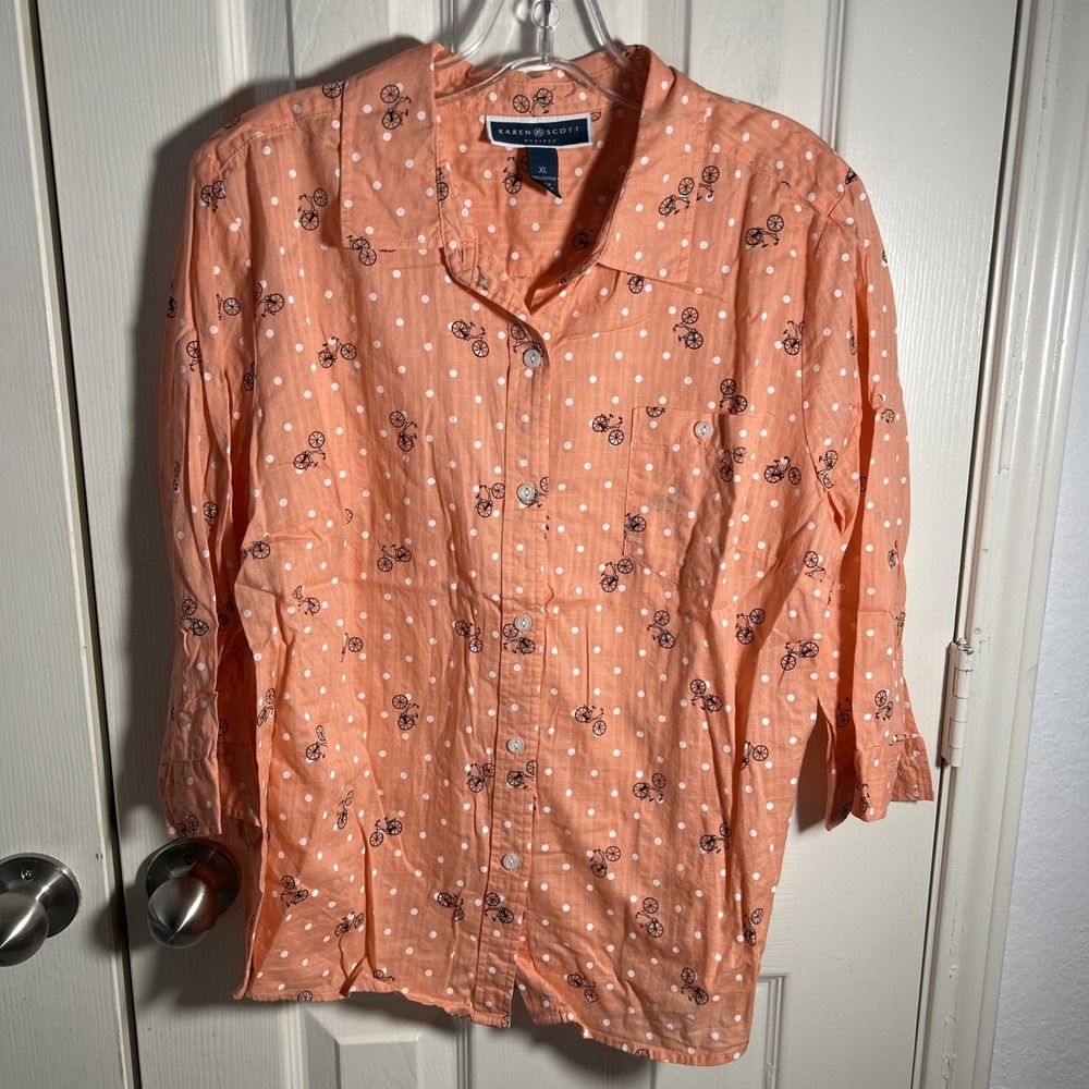 Karen Scott Women's Pink 3/4 Sleeve Bicycle Print Button‎ Up Blouse Size XLP